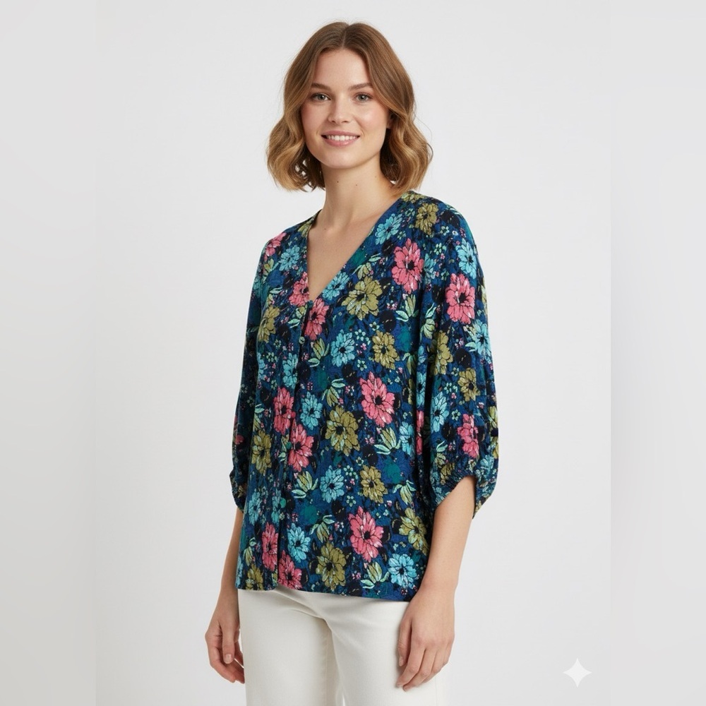 🎉 Vibrant Floral V-Neck Blouse
